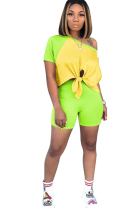Fluorescent green Polyester Fashion Casual adult Ma'am Patchwork Solid Two Piece Suits pencil Short Sleeve Two Pieces