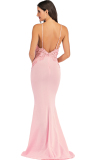 Pink Sexy Spaghetti Strap Sleeveless Slip Step Skirt Floor-Length lace Solid Club Dresses