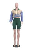 Green Polyester Long Sleeve Mid Patchwork pencil shorts  Two-piece suit