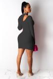 Black Polyester Sexy Cap Sleeve Long Sleeves O neck Step Skirt skirt Solid  Long Sleeve Dresses