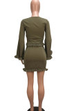 Army Green Sexy Fashion Cap Sleeve Long Sleeves O neck Bud Mini Patchwork Two Piece Dresses