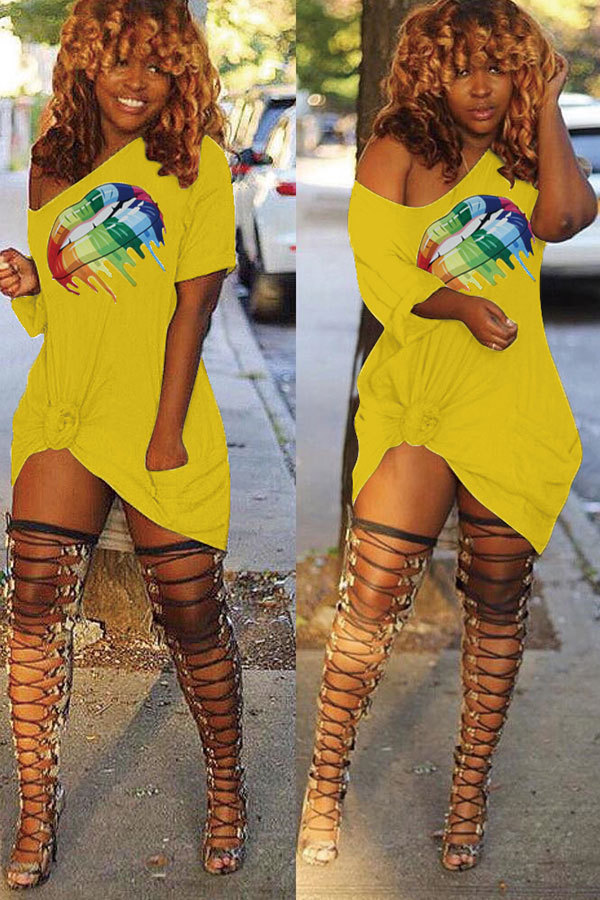 Yellow Fashion Sexy One Shoulder Short Sleeves One word collar Step Skirt skirt Print Patchwork