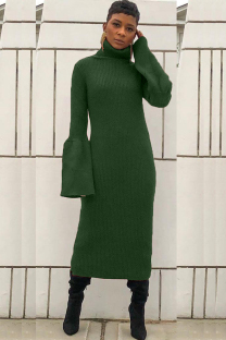 Green Polyester Sexy Bell sleeve Long Sleeves Turtleneck Step Skirt Mid-Calf asymmetrical Solid Patchwork 