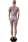 Multi-color Polyester Sexy Fashion asymmetrical Print Patchwork Straight Short Sleeve  Two-Piece Short Set