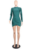 Green Polyester Long Sleeve Mid Solid Hip skirt shorts 