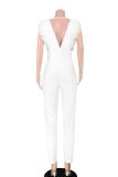 White Sexy Patchwork Solid Polyester Sleeveless V Neck  Jumpsuits