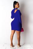 Blue Polyester Sexy Cap Sleeve Long Sleeves O neck Step Skirt skirt Solid  Long Sleeve Dresses