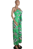 Green Sexy Print Backless Chemical fiber blend Sleeveless Slip Jumpsuits