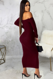 Wine Red Sexy Off The Shoulder Long Sleeves One word collar Swagger Ankle-Length Solid Patchwork L