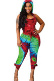Red Sexy Fashion Backless Patchwork Print Polyester Sleeveless Slip  Jumpsuits