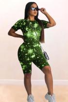 Green Polyester Casual Print Straight Short Sleeve  Two-Piece Short Set
