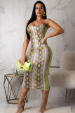 Khaki Fashion Sexy Off The Shoulder Sleeveless Wrapped chest Step Skirt Mid-Calf Print Patchwork 