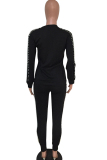 Black Casual Beading Solid Two Piece Suits Patchwork pencil Long Sleeve Two-piece Pants Set
