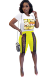 Yellow knit Fashion Sexy adult Ma'am Patchwork Print Character Bandage Two Piece Suits Straight Short Sleeve Two Pieces