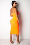 Orange Polyester Sexy Off The Shoulder Sleeveless One word collar A-Line Knee-Length Solid  Club Dresses