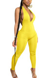 Yellow Fashion Sexy Backless Solid Spandex Sleeveless V Neck Jumpsuits