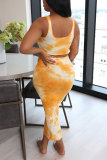 Yellow Polyester Fashion Casual adult Patchwork Print Tie Dye Bandage Two Piece Suits pencil Sleeveless Two Pieces