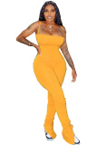 Yellow Fashion Sexy Patchwork Solid Split Polyester Sleeveless Slip Jumpsuits