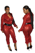 Red Polyester Long Sleeve Mid Sequin Solid Straight Pants  Jumpsuits & Rompers