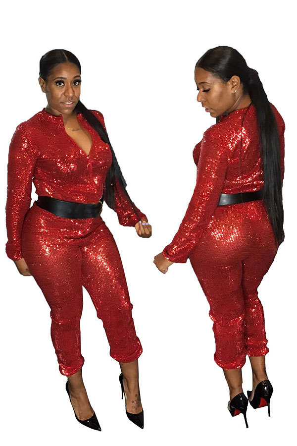 Red Long Sleeve Mid Sequin Solid Straight Pants Jumpsuits & Rompers