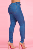 Blue Denim Zipper Fly Sleeveless Mid Hole Patchwork Beading Solid Old pencil Pants  Pants