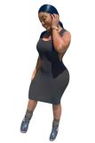 Black Fashion adult Street Red Black Grey Wine Red Tank Sleeveless Slip Step Skirt Knee-Length Patchwork Solid split Dresses