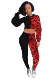 Red adult Casual Fashion Print asymmetrical Patchwork Two Piece Suits Leopard Straight Long Sl