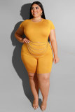 Yellow Polyester Fashion Casual adult O Neck Patchwork Solid Two Piece Suits Stitching Plus Size 