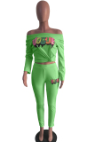 Green venetian Casual Two Piece Suits Patchwork Sequin pencil Long Sleeve Two-piece Pants Set