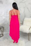 rose red Polyester Sexy Fashion Tank Sleeveless O neck Asymmetrical Ankle-Length Patchwork Solid asymmetrical