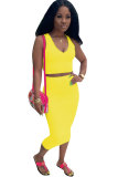 Yellow Polyester Sexy Fashion Patchwork Solid A-line skirt  Two-Piece Dress