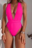 rose red Nylon bandage Solid Patchwork Sexy  One-Piece Swimwear