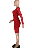 Red Lace Casual Cap Sleeve Long Sleeves V Neck Step Skirt Knee-Length lace Solid Patchwork Broken flower