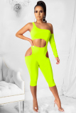 Fluorescent green Sexy Fashion Hollow Solid Patchwork Long Sleeve one shoulder collar 