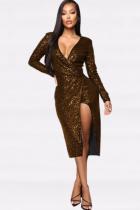 Gold Polyester adult Sexy Fashion Cap Sleeve Long Sleeves V Neck A-Line Mid-Calf Sequin Solid Patchwork  