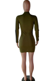 Army Green Sexy Cap Sleeve Long Sleeves Hooded Step Skirt Knee-Length chain Patchwork Solid