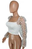 White Wrapped chest Long Sleeve Dot Patchwork Mesh Solid perspective