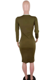 Army Green Sexy Cap Sleeve Long Sleeves O neck Pencil Dress Knee-Length Solid