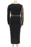 Red Polyester Sexy adult Fashion V Neck Patchwork Print Leopard Bandage Stitching  Plus Size Dresses