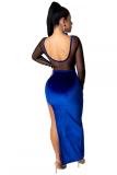 Royal blue Polyester Sexy Fashion adult Cap Sleeve Long Sleeves O neck Asymmetrical Ankle-Length Solid backless