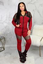 Red Polyester adult Sexy Fashion Zippered Two Piece Suits Patchwork Straight Long Sleeve 
