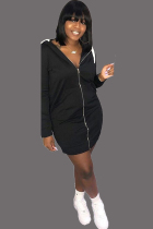 Black Polyester Sexy Cap Sleeve Long Sleeves Hooded Step Skirt skirt Patchwork chain Solid  Club Dresses