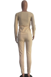 Khaki venetian Casual Two Piece Suits Patchwork Sequin pencil Long Sleeve Two-piece Pants Set