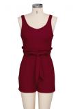 Wine Red Fashion Sexy Solid zipper Patchwork Polyester Sleeveless O Neck  Rompers