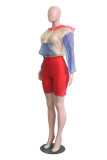 Red Polyester Long Sleeve Mid Patchwork pencil shorts  Two-piece suit
