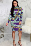 Multi-color Sexy Fashion Cap Sleeve Long Sleeves O neck Pencil Dress Knee-Length chain Patchwork Print Club Dre