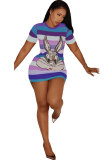 purple Polyester Sexy Fashion Cap Sleeve Short Sleeves O neck Step Skirt Mini Print Sequin Patchwork 