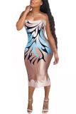 Blue Fashion Sexy adult Blue Pink Off The Shoulder Sleeveless Wrapped chest Step Skirt Mid-Calf Print Patchwork Dresses