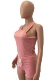Pink knit Sexy Patchwork Two Piece Suits Solid Straight Sleeveless  Two-Piece Short Set