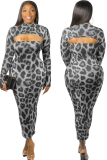 Grey Fashion adult Sexy Leopard Print Two Piece Suits Patchwork pencil Long Sleeve Two-Piece D